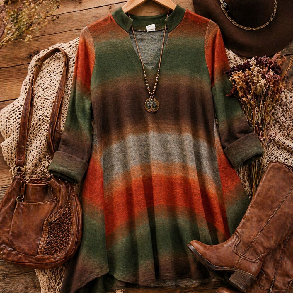 Boho Ombre Swing Tunic Dress Lagenlook Earth Tone Mini Dress Small
